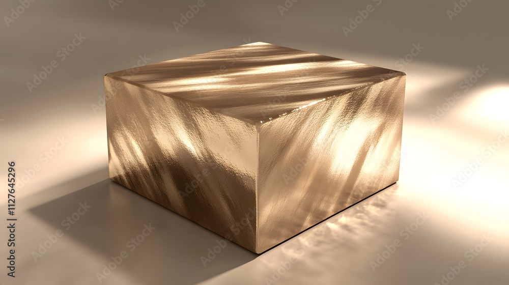 Poster a reflective, metallic cube with soft lighting creating a serene atmosphere.