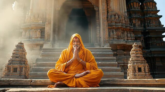A yogi dressed in orange prays humbly at the entrance of a temple, reflecting deep spirituality and tranquility. The ancient architecture enhances the sacred ambiance, inviting peace.