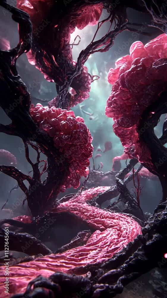 Poster unique abstract landscape featuring organic structures and vibrant colors in a mysterious forest set