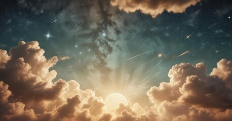Vintage sky background on aged paper with clouds and stars, retro, vintage, old-fashioned