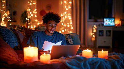 Cozy evening study session home lifestyle photo warm lighting intimate setting focused mood