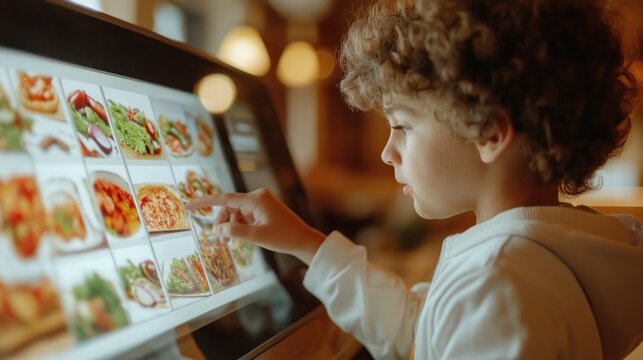 Young boy uses digital menu in eatery. Points at food items on touchscreen. Modern ordering system used. Boy chooses meal from digital display. Fast, convenient food service. Child interacts with
