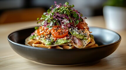 Vegan waffle with avocado roses, cherry tomatoes, and microgreens, served on an eco-friendly bamboo plate, earthy colors, fresh morning light