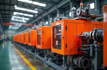 Fototapeta premium Industrial plastic extrusion facility. Orange machines in row. Modern manufacturing process. Plastic production line. Large factory. Automated equipment. Raw material processing. Efficient