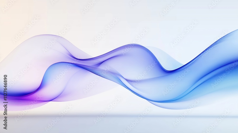 Poster Abstract illustration of flowing blue, purple waves. Smooth curves, lines create dynamic motion. Elegant, futuristic design. Light background. Suitable for web design, presentation backgrounds tech