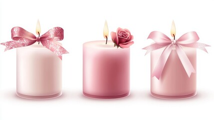 Trio of Valentine's candles with roses and ribbon decorations, vector illustration on white background, soft colors and graceful lines