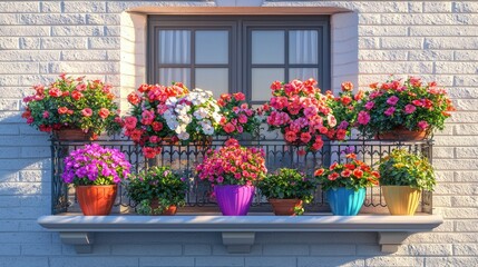 Naklejka premium Vibrant Flower Pots on a Charming Balcony with Colorful Blooms Against a Brick Wall on a Sunny Day