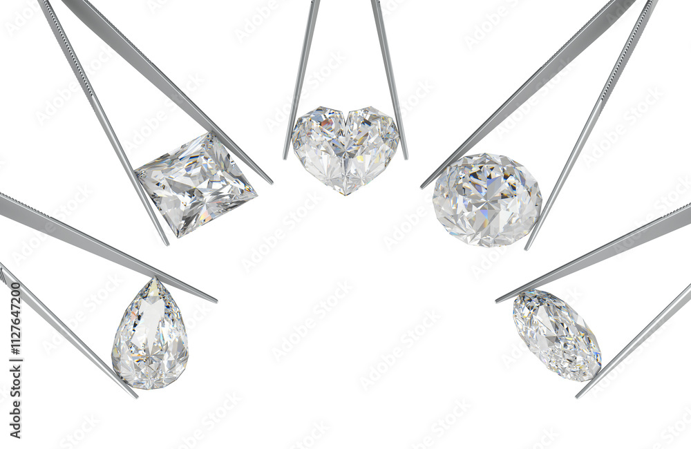 Poster tweezers with diamonds with different cuts, 3d rendering isolated on transparent background