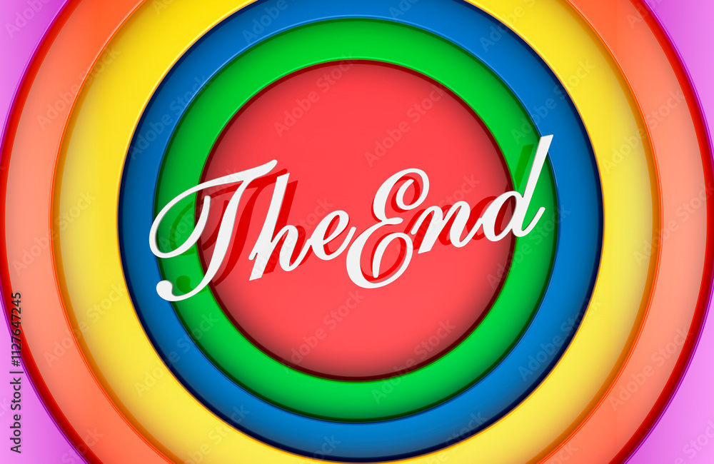 Aufkleber the end title on colored rounds background. retro style movie ending screen. 3d rendering