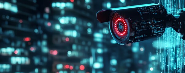 Surveillance camera with glitch effects, dark urban background, representing security risks and privacy invasion