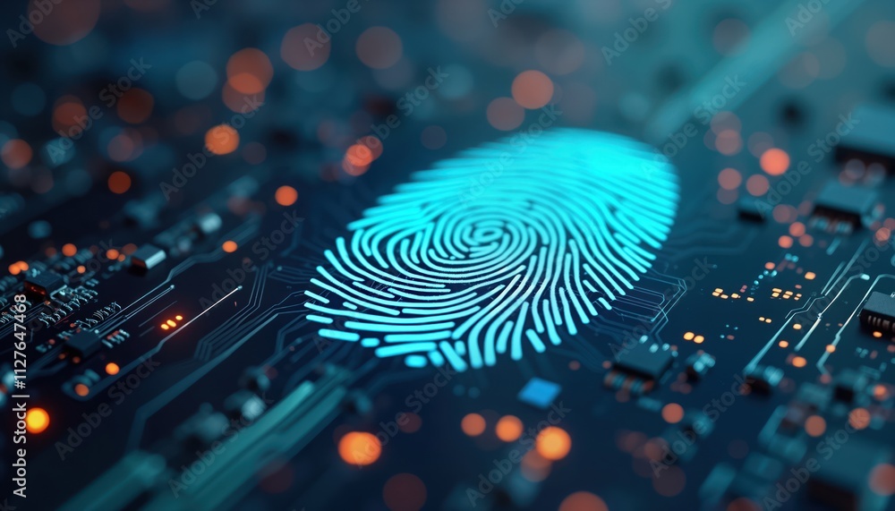 Aufkleber Digital fingerprint scan on circuit board. Tech device identifies, measures unique biometric data. Future tech concept. Biometric security. Modern digital identification system. Advanced access