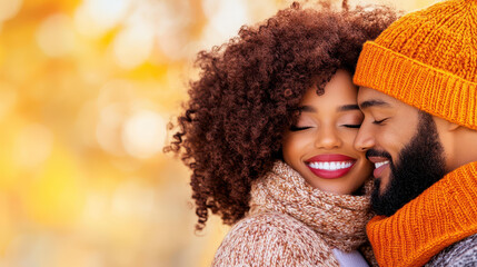 A loving African American couple shares a warm embrace in an autumn park, basking in the joy of a sunny fall day.