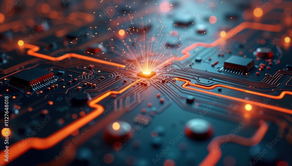Poster Closeup tech circuit board. Intense energy sparks from central computer chip. Complex circuitry glows with orange light. Future tech concept. Advanced computer design. High tech innovation in motion.