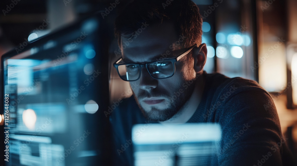 Poster late-night software developer focused on coding on multiple monitors in a dimly lit office