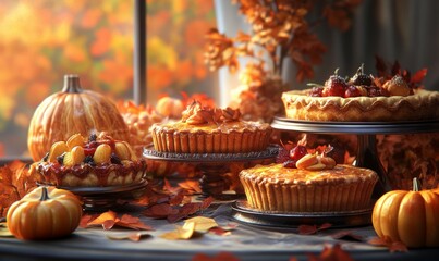 Thanksgiving pie assortment with autumn decorations,