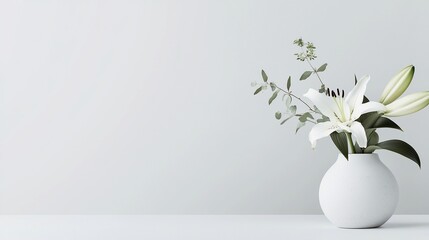 Minimalist white lilies and eucalyptus in a vase against a white wall.
