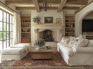 A cozy living room featuring a classic fireplace, exposed wooden beams, plush white sofas, and an elegant coffee table, creating a warm and inviting atmosphere for relaxation.