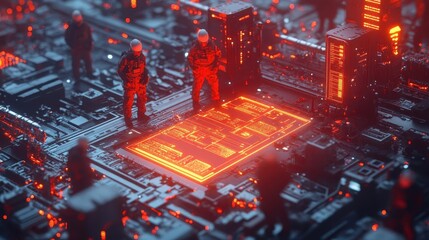 A symbolic glowing toolkit for labeling operations, surrounded by workers, dramatic depth and focus