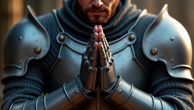 Knight in armor kneels in moment of devotion. Knight pledges allegiance to sovereign. Medieval scene shows honor and dedication to ruler. Image evokes loyalty and chivalry in historical setting.