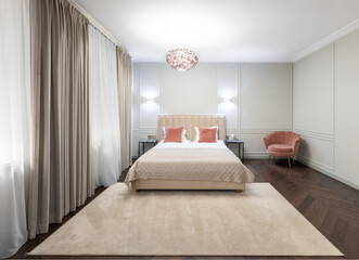 Modern Minimalist Home Bedroom Interior with Elegant Neutral Decor and Cozy Ambiance. King Size Bed, Carpet, Curtains and Armchair. LED Light.