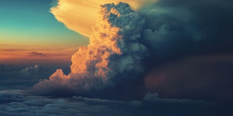 A breathtaking view of a towering cumulonimbus cloud formation illuminated by the golden hues of a setting sun, casting dramatic shadows over a serene horizon
