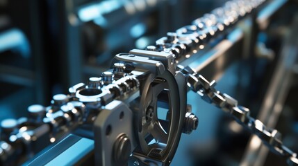 Fototapeta premium A close-up detailed image showcases the intricate mechanical components of a bicycle chain and gears in a sophisticated manufacturing setting.