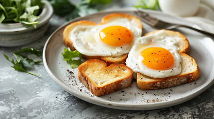 Two heart shaped fried eggs In white plate
