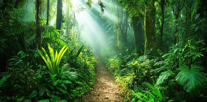 A dense, misty rainforest with towering eucalyptus trees and lush ferns