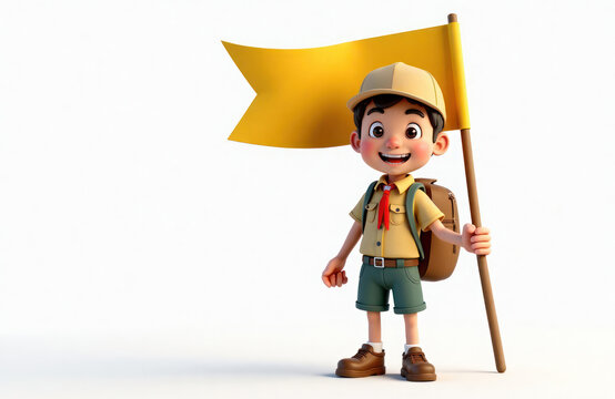 Cheerful cartoon boy scout holds bright yellow banner. Boy scout uniform light beige, green. Wears cap, red neckerchief. Carrying brown backpack. Image ideal for kids activities, camping, nature,