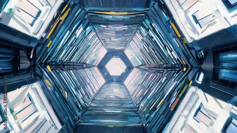 Poster camera moves through a tunnel lined with mirrors at varying angles creating kaleidoscopic patterns