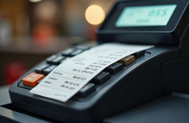 Black cash register with receipt. Transaction details visible on receipt. Electronic payment system for store. Modern commerce technology. Store sales. Customer purchases recorded. Financial