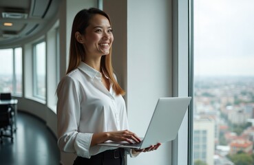 Young businesswoman smiles, looks out modern office window holding laptop. Works in business center. Seems happy, focused on work. Standing near large window overlooking city. Office spacious,