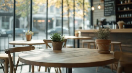 Fototapeta premium Cozy urban cafe interior. Wooden tables, chairs offer rustic feel. Large windows let in natural light, creating warm atmosphere. Relaxed ambiance. Customers enjoy drinks, pastries. Friendly barkeeper