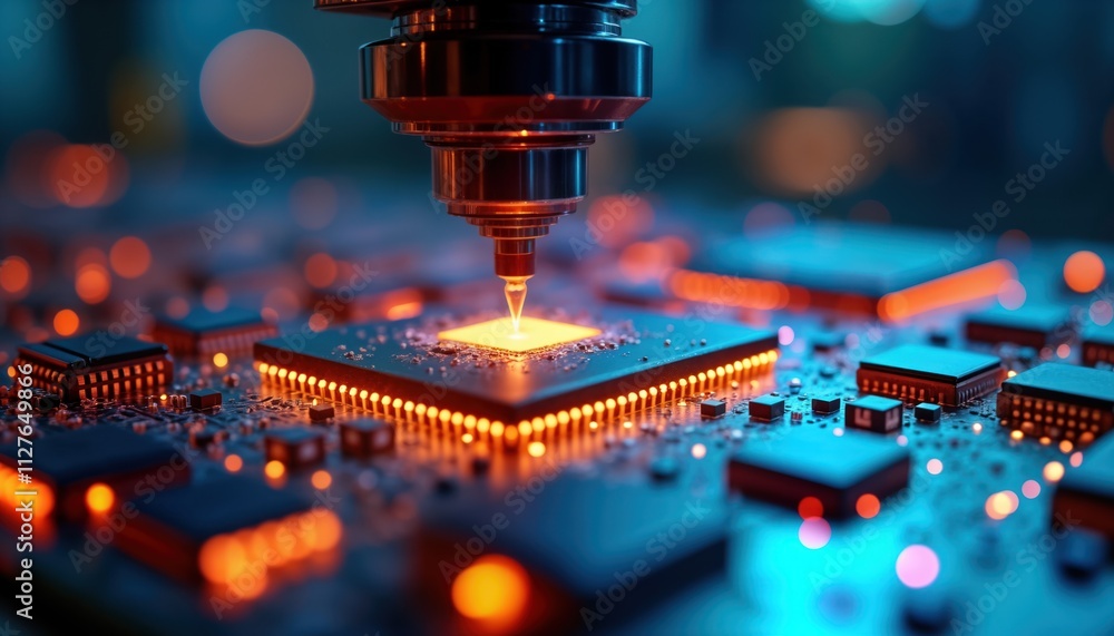 Poster high tech manufacturing plant produces microchips. advanced equipment works on circuit boards. orang