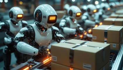Fototapeta premium Robots sealing packages in sync under glowing safety lights, workers organizing goods nearby, cinematic composition