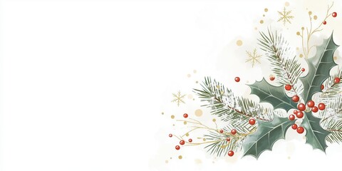 Festive Christmas design with holly leaves, berries. Elegant plants, red berries create holiday mood. Gold glitter accents add touch of sparkle. Perfect for holiday emails social media posts.