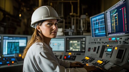 A female engineer in a white helmet and shirt is working in the control room of a power plant․ This is an energy-related commercial photography piece.