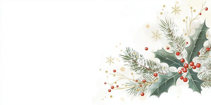 Festive Christmas design with holly leaves, berries. Elegant plants, red berries create holiday mood. Gold glitter accents add touch of sparkle. Perfect for holiday emails social media posts.