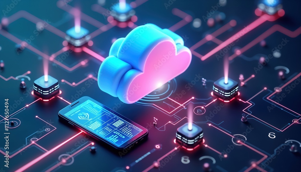 Poster Futuristic illustration shows cloud storage system. Mobile device connected to network servers. Data transmission, digital service, secure storage. Modern network tech platform. Concept for data