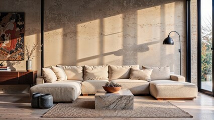 Generative AI, Modern living room with golden-hour lighting, organic textures, and earthy tones