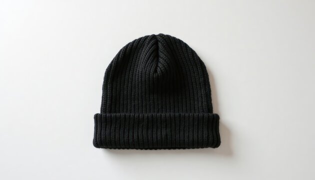 Black beanie hat on plain white backdrop. Simple design for product mockup. Fashionable winter accessory. Perfect for winter style inspiration. Modern, neutral colour. Blank template for branding.