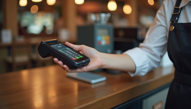 Waitress holding contactless payment reader. Customer scans smartphone. Cafe setting. Modern payment method. Tech transaction. Cafe environment. Fast payment. Customer paying bill. Efficient service.