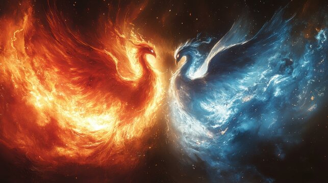 Two mythical creatures, fire and ice. AI.