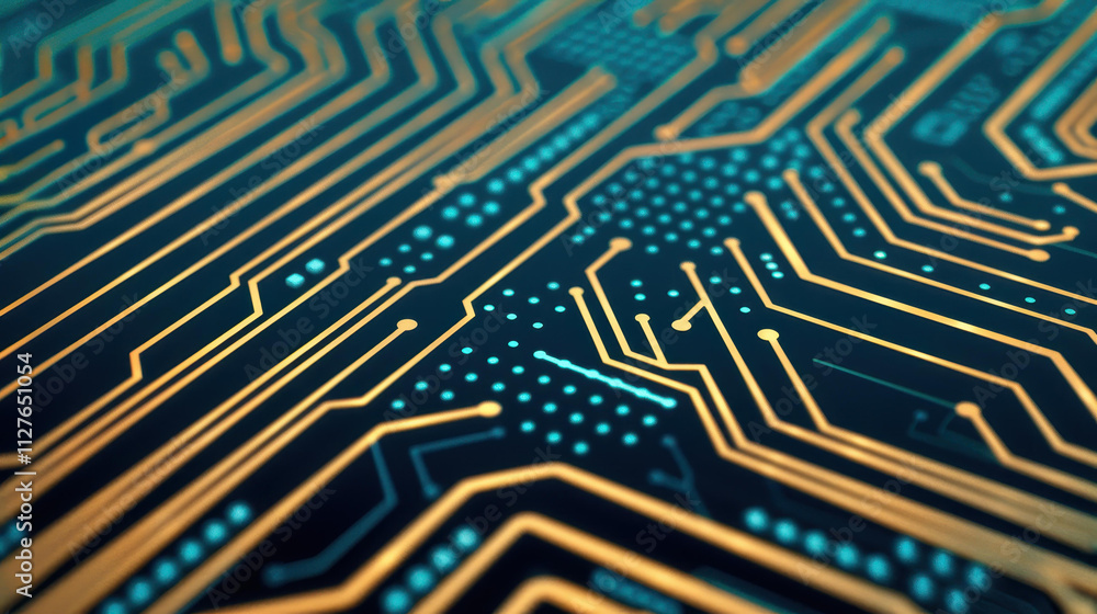 Poster a futuristic circuit board design showcasing advanced server code processing against a sleek black b
