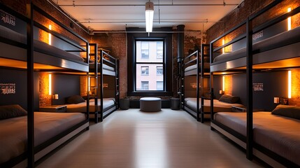 Urban hostel room with industrial design, exposed brick walls, metal bunk beds, graffiti-style art, dim overhead lighting, and sleek modern furniture