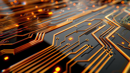 Explore a futuristic circuit board with sleek gold and black tones, perfect for tech enthusiasts and creative projects.
