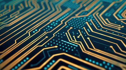 A futuristic circuit board design showcasing advanced server code processing against a sleek black backdrop in blue tones.