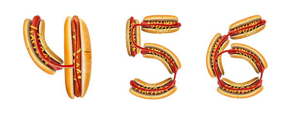 The numbers 4, 5, 6are made from a hot dog