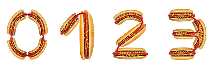 The numbers 0, 1, 2, 3 are made from a hot dog