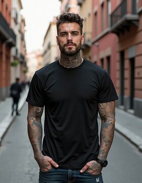 Handsome man with tattoos, beard stands outdoors. Wears black blank t-shirt, jeans. Urban street style. Looking directly at camera. Stylish, trendy. Photo shows modern urban style. Casual, cool vibe.